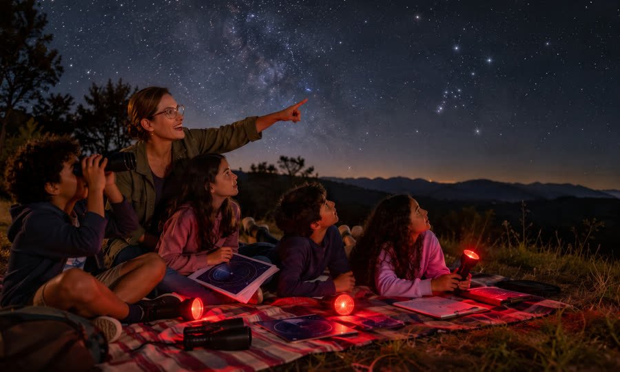 Famílias observando o céu à noite
