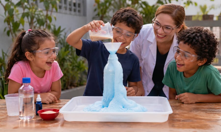 Crianças observando espuma gigante
