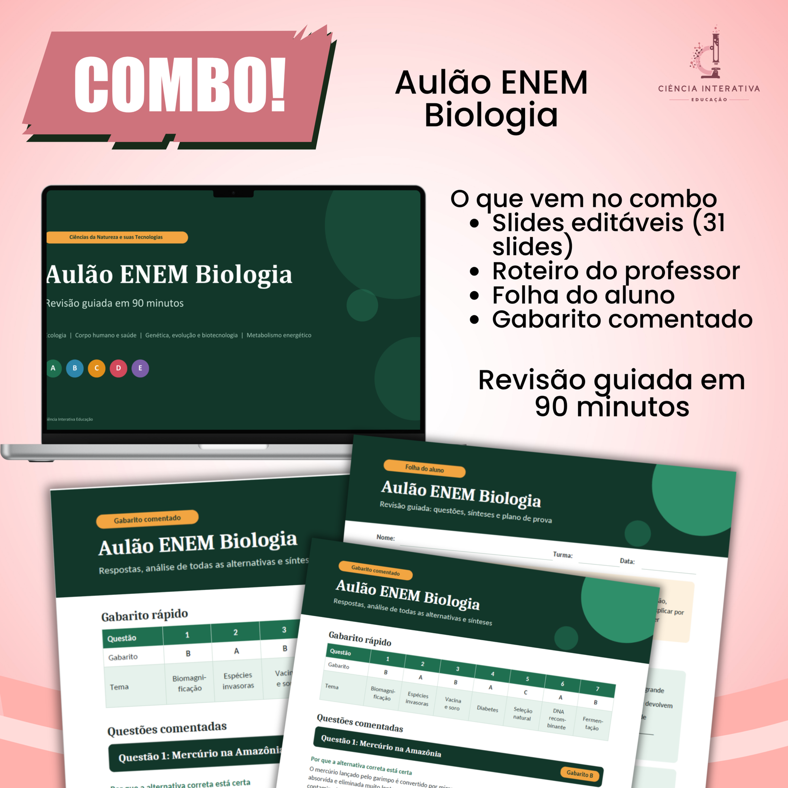 (SITE) - Designers_produtos Combo Aulão ENEM Biologia: revisão guiada em 90 minutos (slides editáveis + roteiro do professor + folha do aluno + gabarito comentado) - Imagem 1